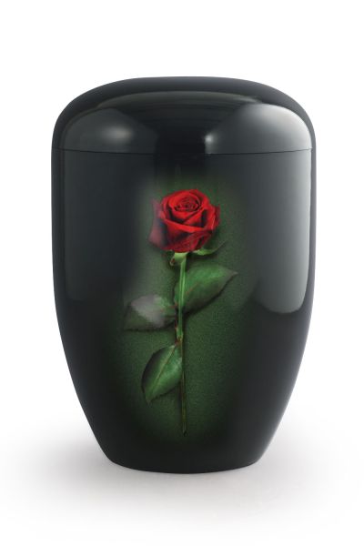 Naturstoffurne in Schwarz mit dem Motiv einer einzelnen roten Rose