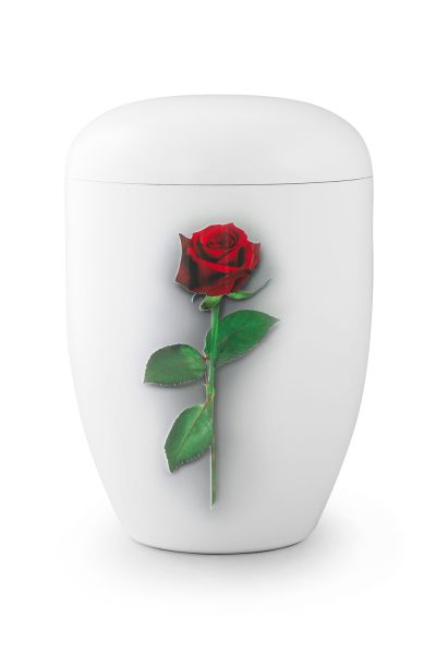 Naturstoffurne in Weiß mit dem Motiv einer einzelnen roten Rose